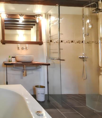 une salle de bain avec douche et lavabo dans l'établissement Maison confortable à Saint-Georges-sur-Baulche avec terrasse et jardin, à Saint-Georges-sur-Baulche