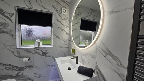 a bathroom with a sink and a mirror at Cherrymount Cottage in Enniskillen