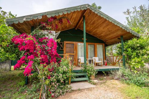 a green house with a wooden roof and flowers at Etenna Beach Bungalows in Cıralı