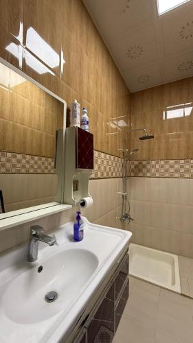 a bathroom with a sink and a mirror and a tub at Rustic Mountain Oasis in Sayḩ aş Şaqlah