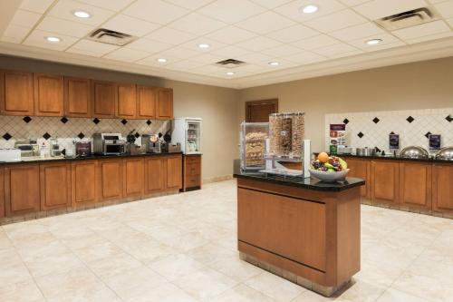 a large kitchen with a counter with a bowl of fruit at Residence Inn by Marriott St. Louis Downtown in Saint Louis