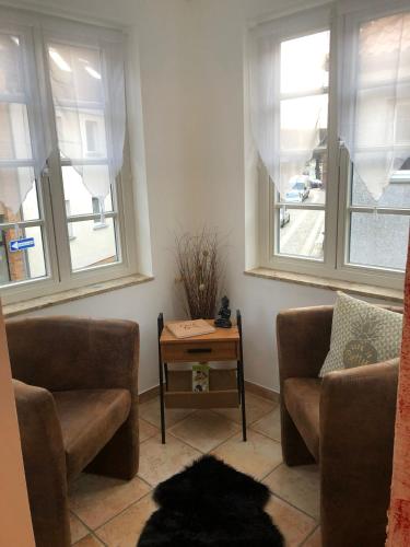 a living room with two chairs and a table and two windows at Müritz Apartments in Waren