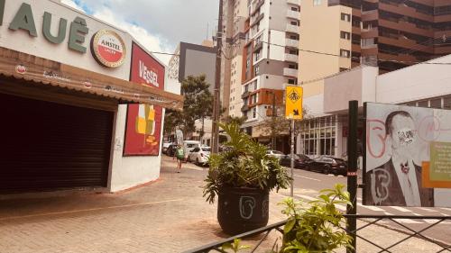 a plant sitting on a sidewalk in a city at Apto no Centro, com Ar Condicionado e Lava e Seca in Cascavel