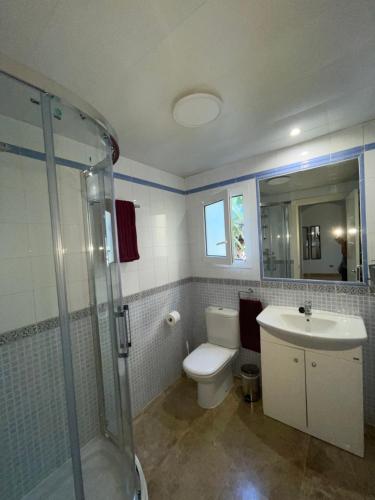 a bathroom with a toilet and a sink and a shower at Apartamento Cala de Mijas in La Cala de Mijas