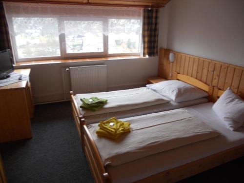 two twin beds in a room with a window at Penzion Kamzík in Česká Kamenice