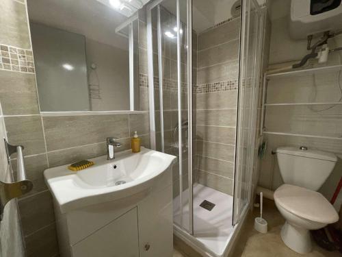une salle de bain avec un lavabo, une douche et des toilettes dans l'établissement Appartement 2 pièces 4 couchages ST CYPRIEN PLAGE SC510-201K, à Saint Cyprien Plage
