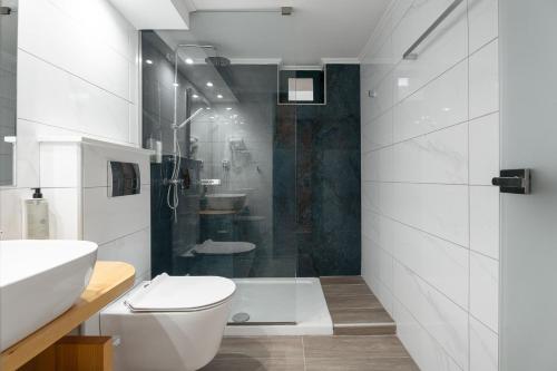 a bathroom with a shower and a toilet and a sink at Captain's Seafront Apartments in Nydri
