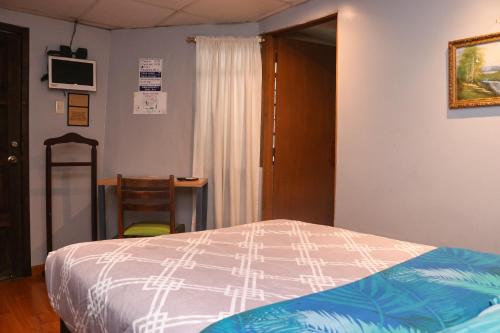 a bedroom with a bed and a desk and a chair at Blue House Youth Hostel in Quito