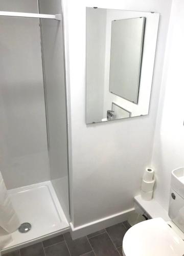 a bathroom with a shower and a toilet and a mirror at Sowena Contractor Stays - Cleethorpes in Grimsby