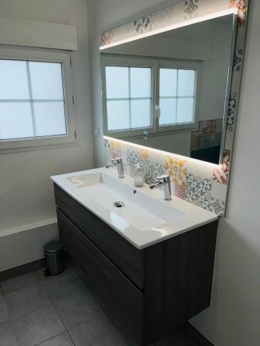 a bathroom with a sink and a large mirror at Gîte à la campagne, piscine classé trois-étoiles N2 in Verruyes