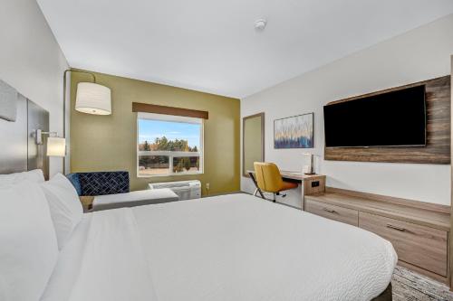 a hotel room with a large bed and a flat screen tv at Holiday Inn Express Hotel & Suites-Edmonton South by IHG in Edmonton