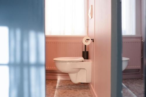 a bathroom with a white toilet and a window at Gillis Eight Guest Rooms by Romy&Travis in Bruges