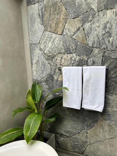 a bathroom with two towels hanging on a stone wall at Maho Boutique Hotel in Anuradhapura