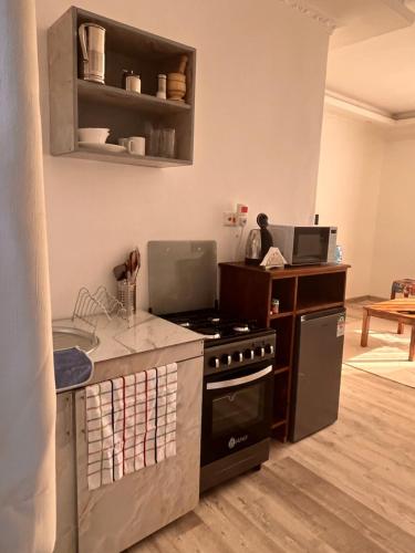 a kitchen with a stove and a counter top at Koselig Studio Apartment with Swimming Pool in Naro Moru