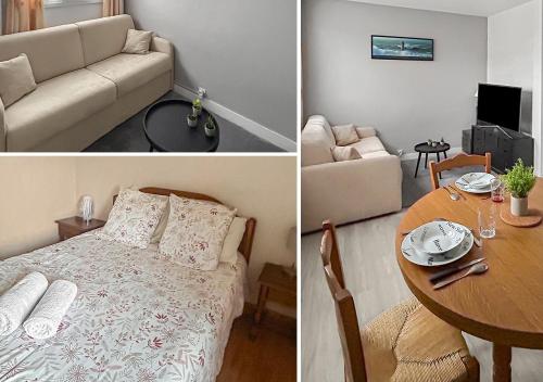 - deux photos d'une chambre avec un lit et une table dans l'établissement T2 Cuisine équipée, Parking privé, 4 personnes, à Bayeux