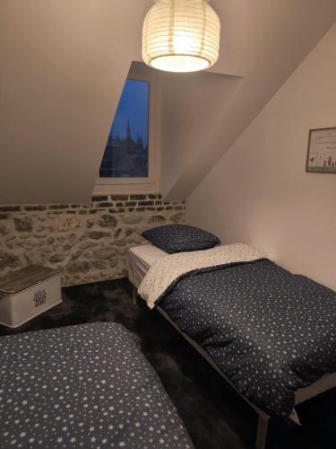 two twin beds in a room with a window at Le Lambert, à 3 minutes du port et tout à côté du célèbre palais Bénédictine in Fécamp