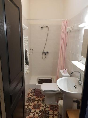 une salle de bain avec toilettes, lavabo et douche dans l'établissement La Riviere, à Avène