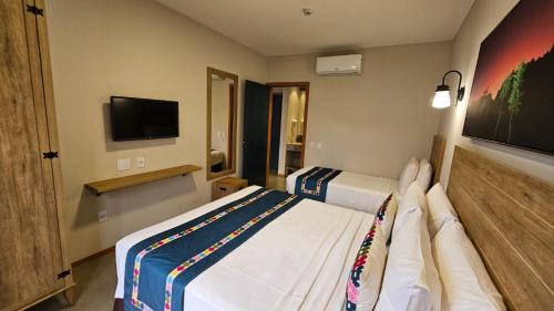 a hotel room with two beds and a flat screen tv at Resort QSB - Um novo padrão de conforto e lazer no coração da cidade in Pirenópolis