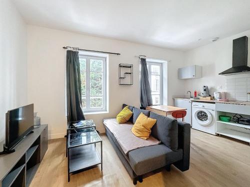 un salon avec un canapé et une cuisine dans l'établissement Joli Appartement proche gare 4 pers N3, à Clermont-Ferrand