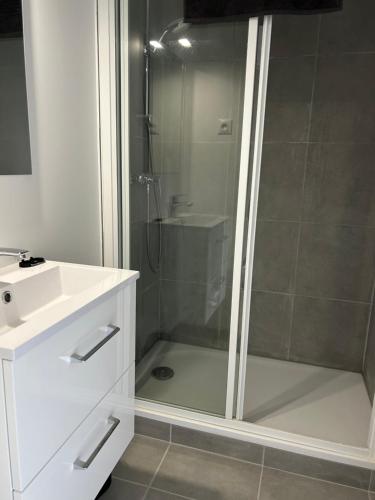 une douche avec une porte vitrée à côté d'un lavabo dans l'établissement Appart hôtel Doumer, à Triel-sur-Seine