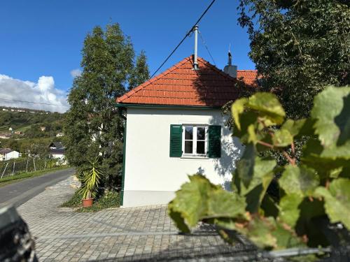 a small white house with a red roof at Kellerstöckl - Zur Weinrebe in Eisenberg an der Pinka