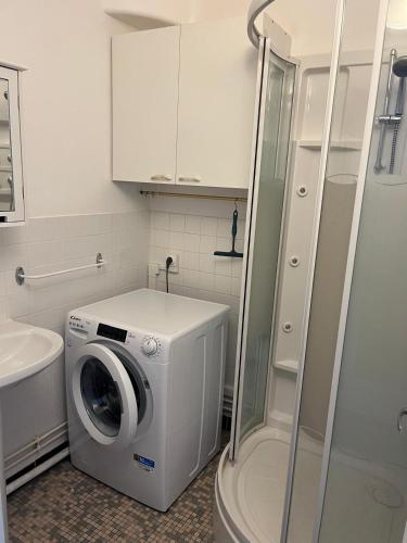 une salle de bain avec une machine à laver et un lavabo dans l'établissement Charmant appartement en rez-de-chaussée à 150m de la plage, à Saint-Georges-de-Didonne