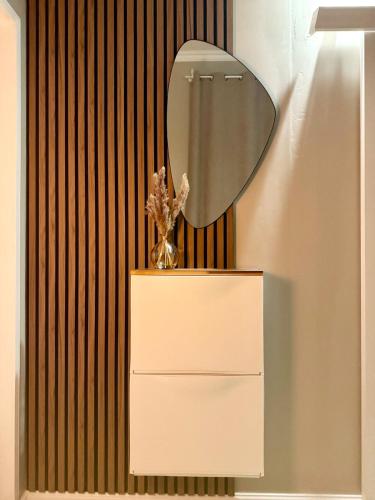 un miroir au-dessus d'une commode avec miroir dans l'établissement Le cocon du centre, T1 bis avec chambre séparé, à Montauban