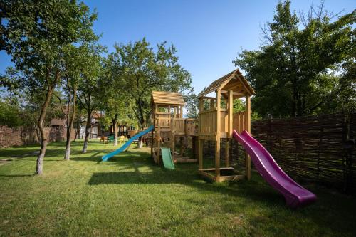 a park with a playground with slides in the grass at Joyard - Pensiune & Parc in Porumbacu de Sus