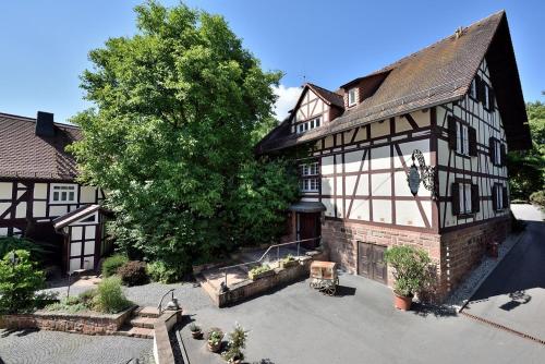an aerial view of a house with a tree at Hotel Dammühle in Marburg an der Lahn