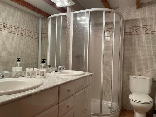a bathroom with a shower and a sink and a toilet at CASA RURAL CARRER PLA Culla in Culla