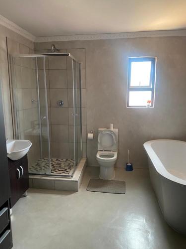 une salle de bain avec une douche, des toilettes et un lavabo dans l'établissement Silent corner guest house, à Roodepoort