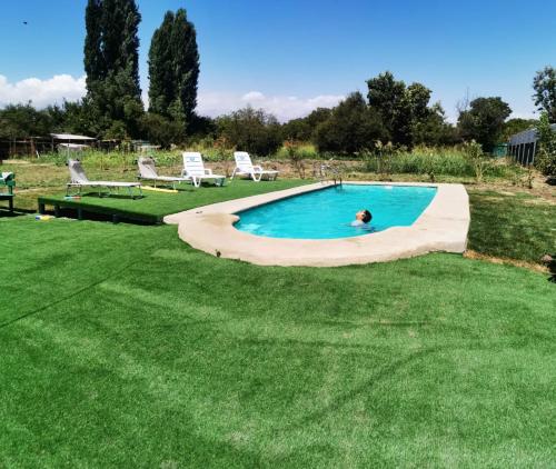 a person swimming in a pool in the grass at Alojamiento Casa Guadalupe in San Felipe
