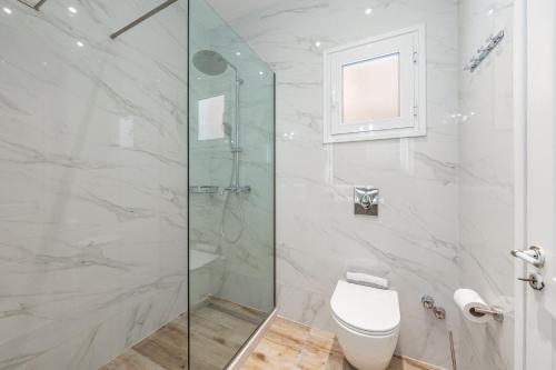a bathroom with a toilet and a glass shower at Lido Sofia Apartments in Agios Gordios