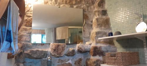 La salle de bains est pourvue d'un miroir sur un mur en pierre. dans l'établissement gite typique ardechois sous le figuier, à Vals-les-Bains