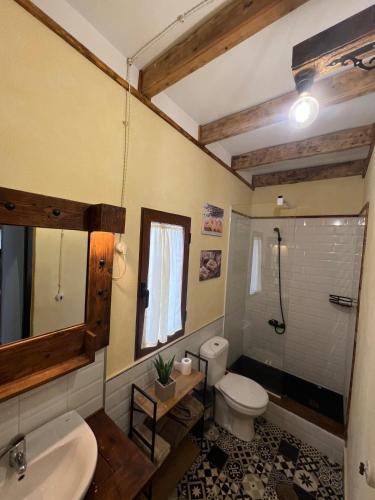 a bathroom with a white toilet and a sink at Cortijo Batán in Dúdar