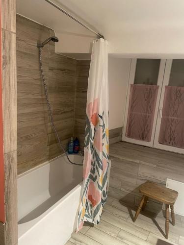 une baignoire avec un rideau de douche dans une salle de bain dans l'établissement Caveau 1751, à Niedermorschwihr