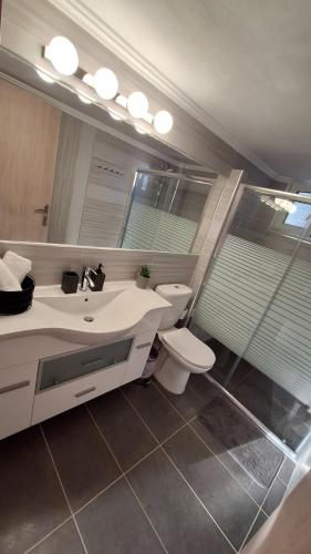 a bathroom with a sink and a toilet and a mirror at Nylio Apartment in Preveza