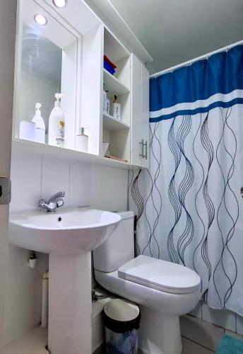 a bathroom with a sink and a toilet and a shower curtain at Acogedor departamento en Caldera, Bahía Inglesa, con Aire Acondicionado in Caldera