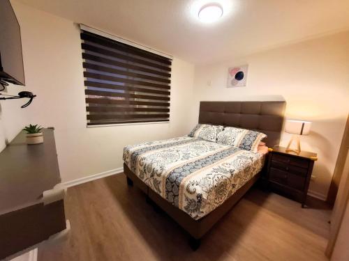 a bedroom with a large bed and a window at Acogedor departamento en Caldera, Bahía Inglesa, con Aire Acondicionado in Caldera