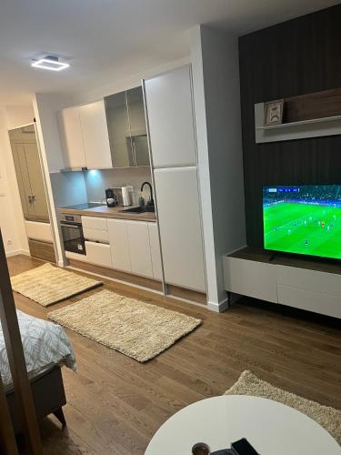 a living room with a flat screen tv and a kitchen at Delta Residence apartments in Niš