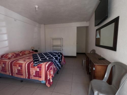 a bedroom with a bed and a desk and a television at Hotel Xetawaa´l in San Pedro La Laguna