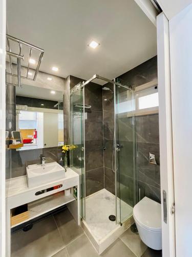 a bathroom with a shower and a sink and a toilet at Acqua Marine in Sesimbra