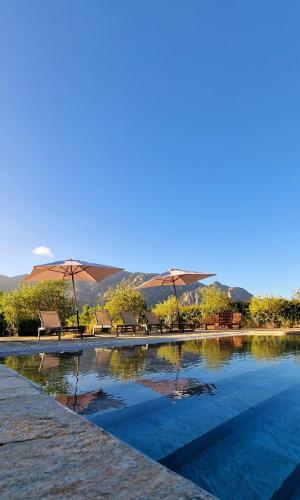 - une piscine avec des chaises et des parasols en arrière-plan dans l'établissement La tonnelerie, belle villa pour 9 personnes au coeur d'un vignoble avec piscine, à Sartène