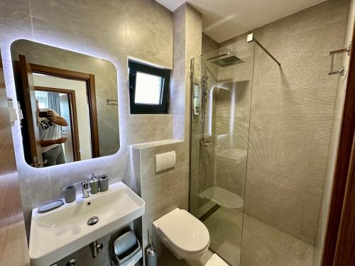 a bathroom with a sink and a toilet and a shower at Apartmani Kojić 2 in Bar, Susanj