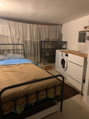 - une chambre avec un lit et un lave-linge dans l'établissement Emplacement idéal pour cette Maisonnette avec jardin et cuisine d'été, à Roquebrune-Cap-Martin
