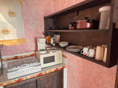 a kitchen with a stove and a microwave on a counter at Hanna Suites in Panajachel