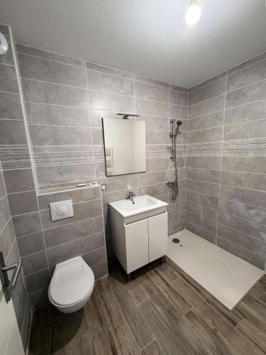 une salle de bain avec toilettes, lavabo et douche dans l'établissement Résidence Terrasse De Risoul - Magnifique chalet de standing neuf avec vue panoramique au départ du téléski MAE-9801, à Risoul