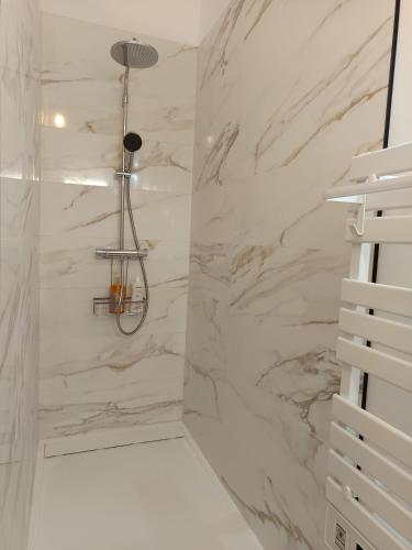 La salle de bains est pourvue de murs en marbre blanc et d'une douche. dans l'établissement La chambre de Marin, à Lombers