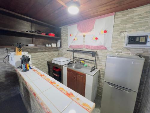 a kitchen with a sink and a refrigerator at Hanna Suites in Panajachel