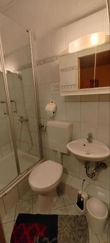 a bathroom with a toilet and a sink and a shower at Pension Harzresidenz in Thale